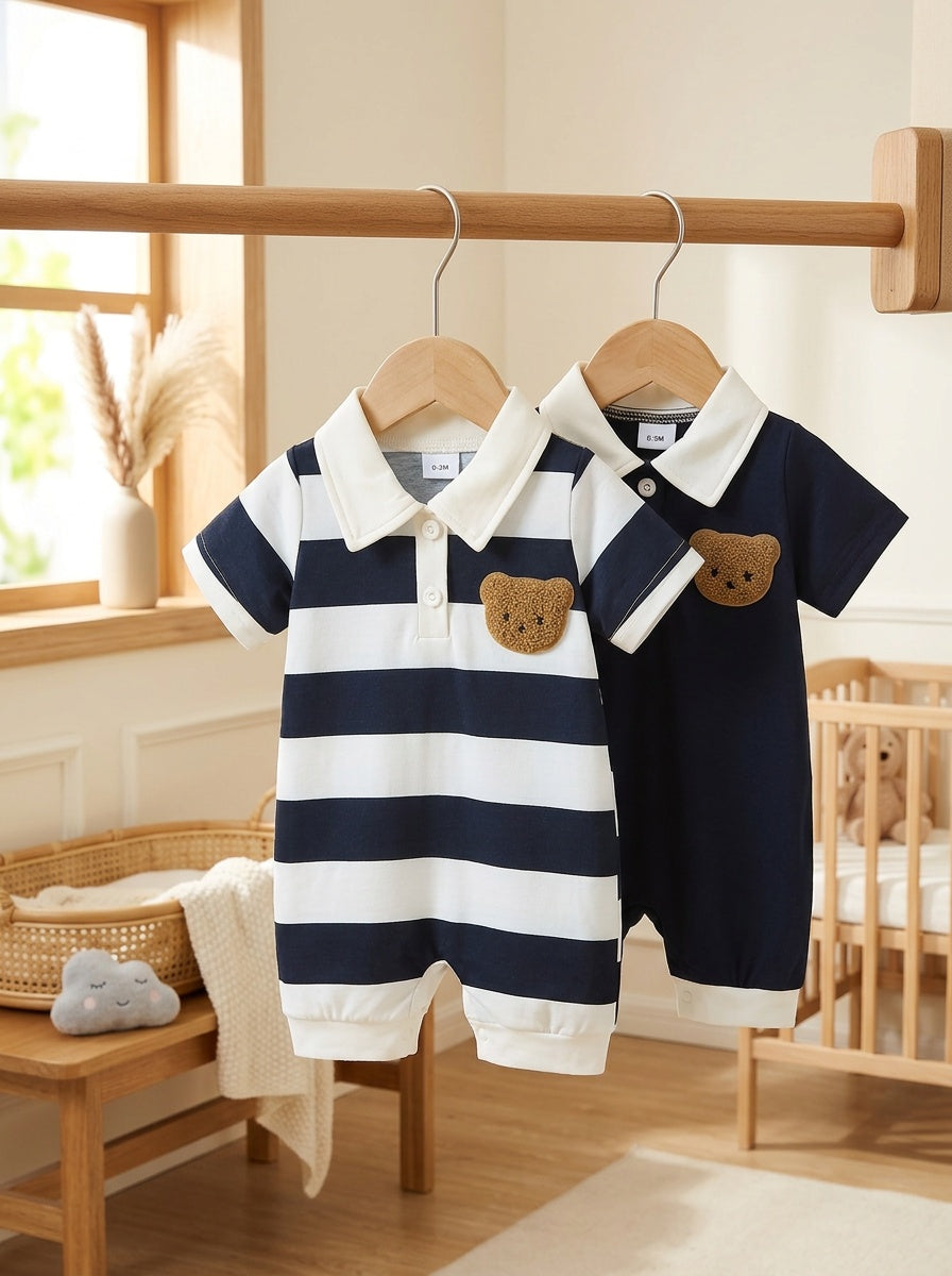 Boys' Casual 2pcs Set: Striped Open-Collar Short-Sleeve Top + Solid Color Open-Collar Romper with Small Bear Embroidery, Perfect for Outdoor