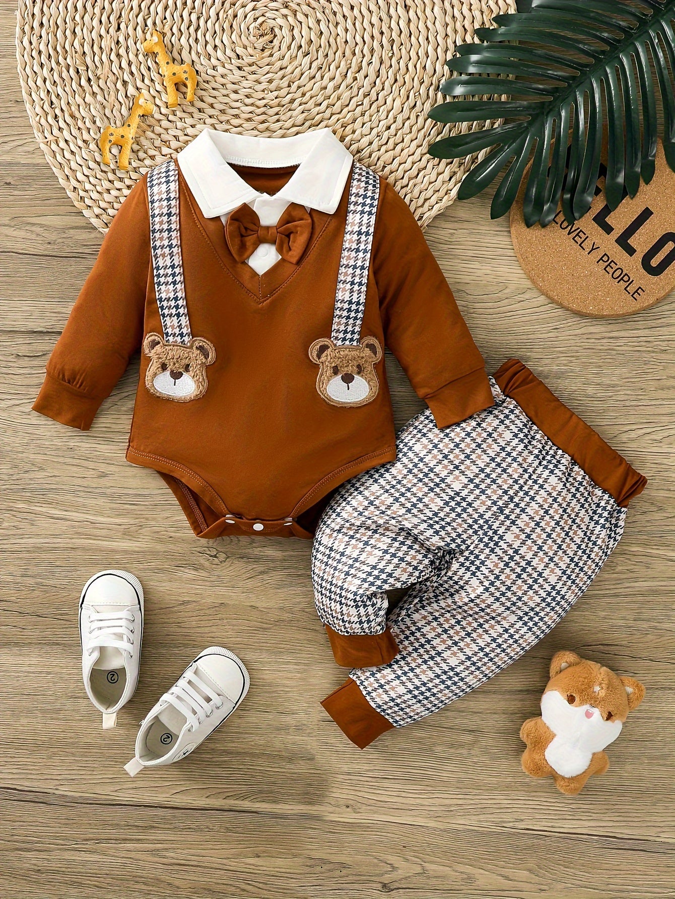 2pcs Baby Boy Cartoon Bear Onesie Suit, Long Sleeve Long Leg Suit, Neckline with Bow, Cute Bear Patch Pattern, Gentleman Suit, Baby Boy Fashion Clothes Set, Suitable for Boys 0-18 Months All Seasons Wear, Birthday Gift, Outdoor Wear, for Outdoor