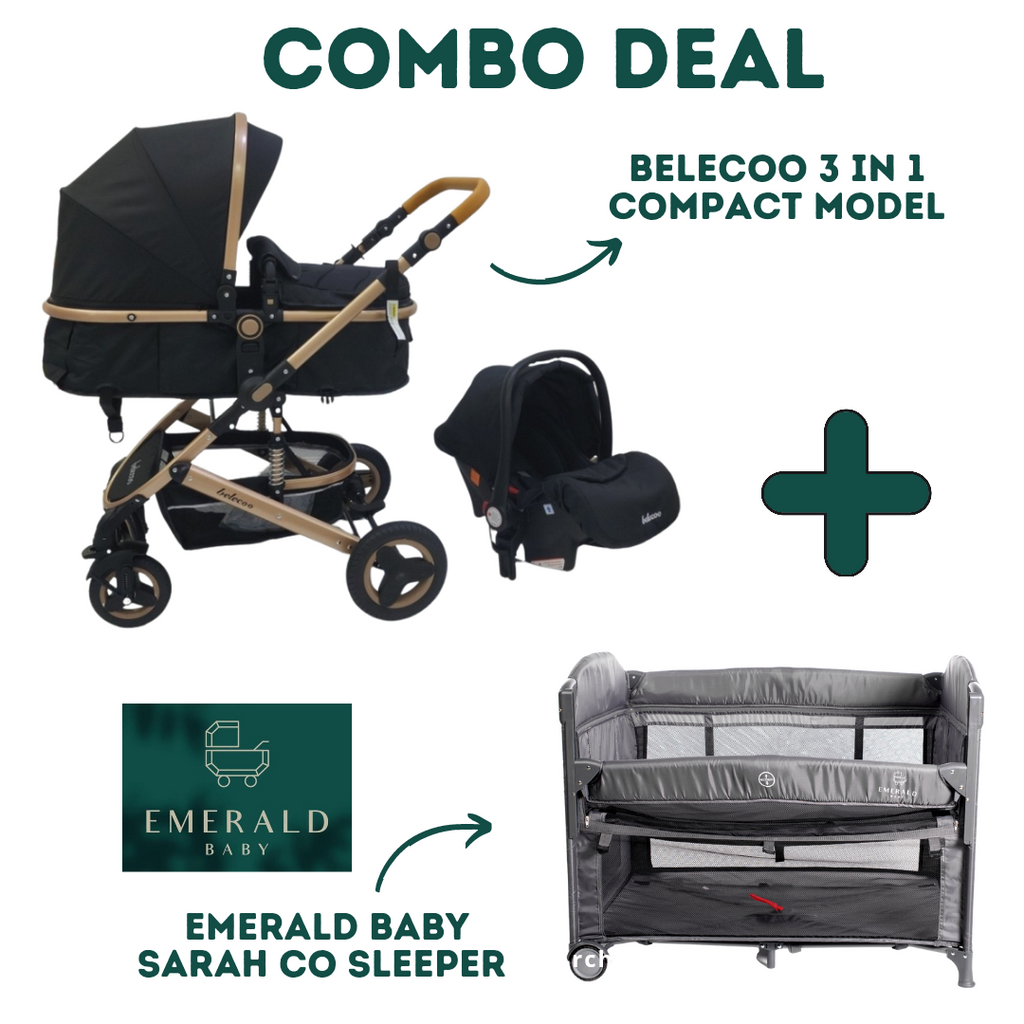 Emerald Baby Sarah Co Sleeper Camp Cot + Belecoo 3 in 1 Stroller Set (Black)