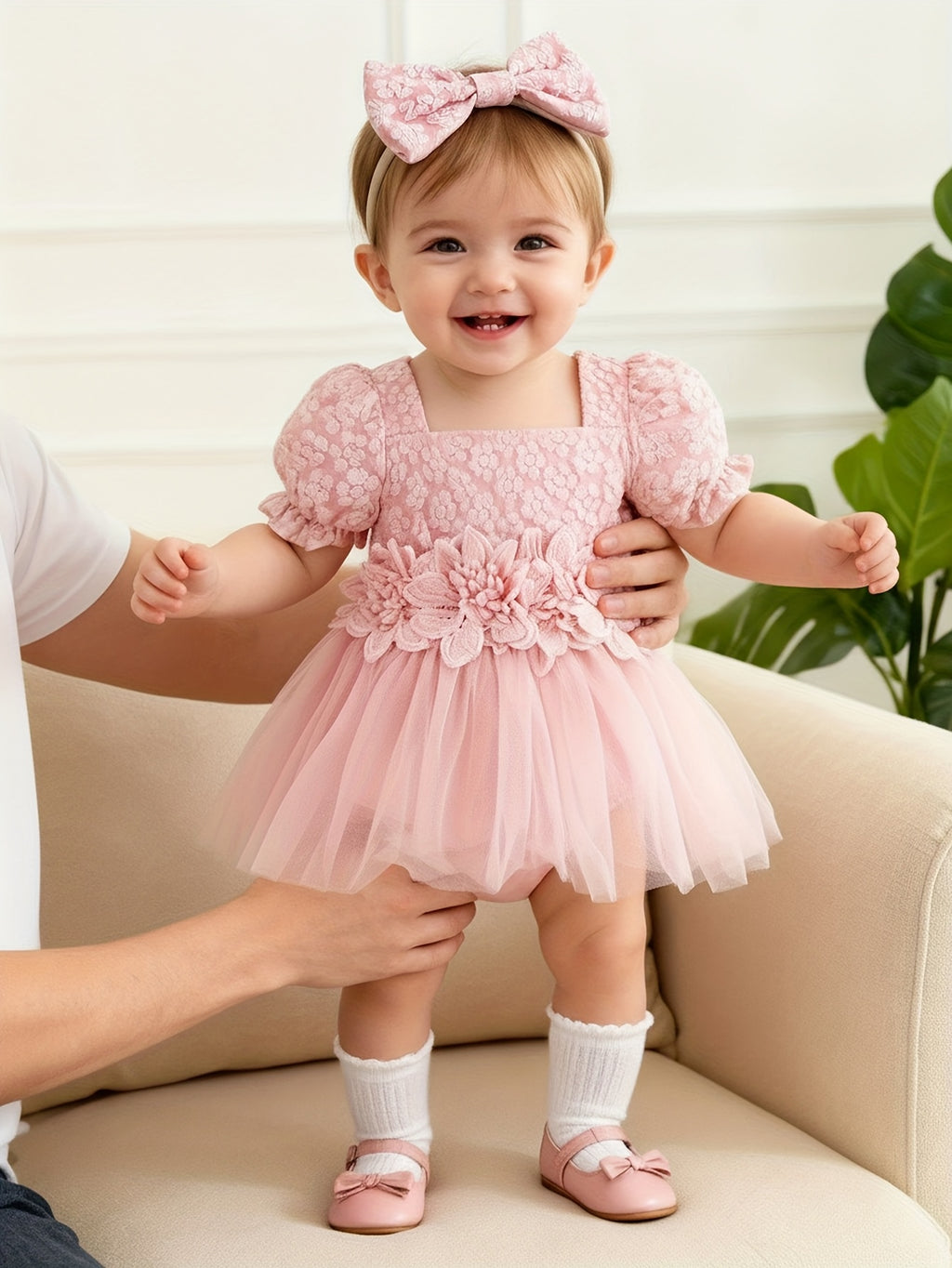 Baby Romper Dress Floral Embroidery Puff Sleeve Set