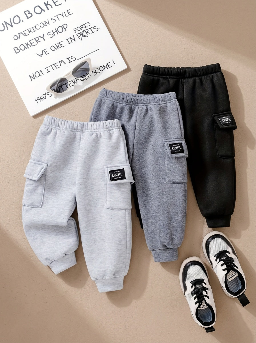 New Autumn/Winter 3pcs Boys' Cargo Pants Set with Pockets + Long Pants, Suitable for Daily Wear and Sports, Perfect for Outdoor