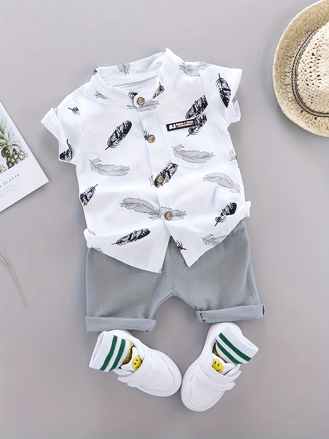 Children'S Summer Feather Shirt Short Sleeve And Shorts Set, for Outdoor
