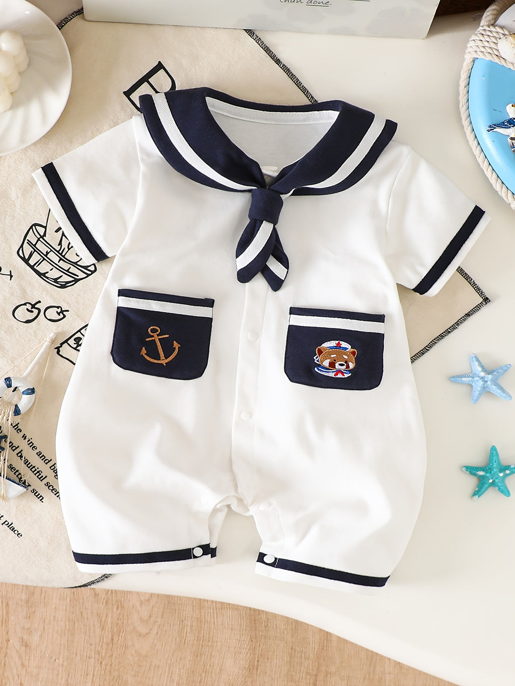 Summer Baby Bodysuit Nautical Style Girls' Short Sleeve Outfit Thin Infant Outing Romper Cute Anchor Bear Embroidery Crawling Suit, for Outdoor