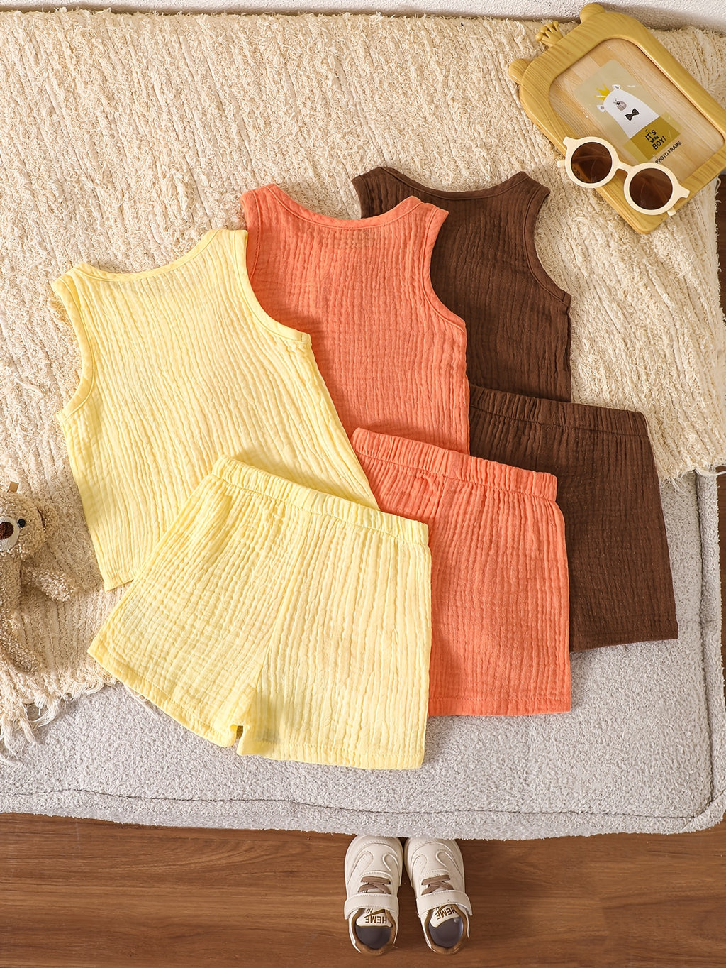 Baby Boy Summer Bear Embroidery Vest And Short Sleeve Set