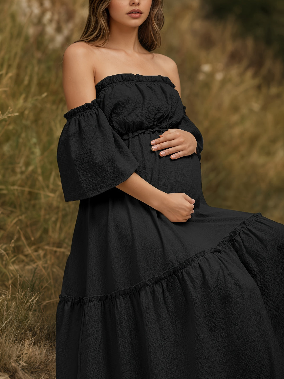 Matte Black Ruffled Tiered Maxi Off-The-Shoulder Maternity Dress, Elastic Waist That Won'T Constrict Bump, Wilderness-Style Healing Gown for Outdoor Shoots
