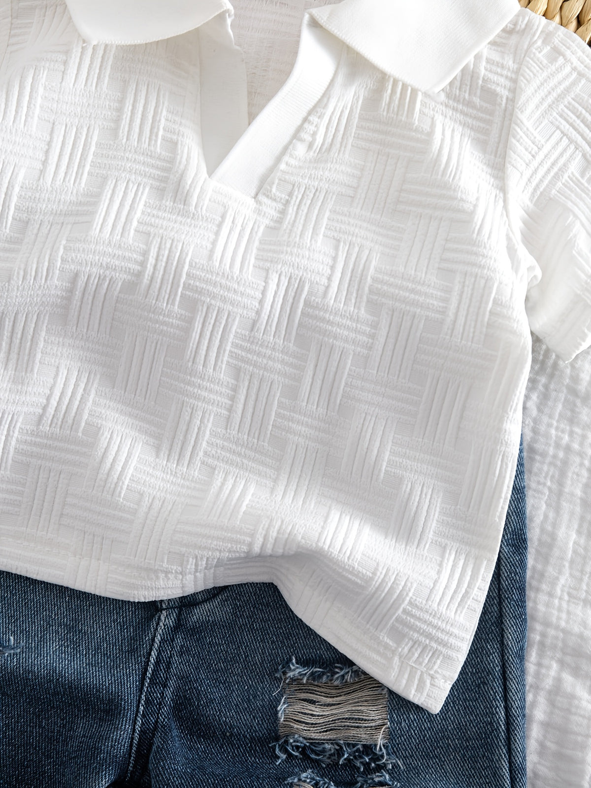 2pcs Set: Children's Summer Jacquard Shirt + Ripped Denim Shorts. Features a Textured, Three-dimensional Jacquard Weave with a Classic Small Lapel and V-shaped Small Placket Design. Stylish and Lightweight, an Ideal Gift for Children