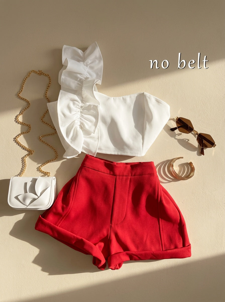 Cherry 2pcs Set Summer Women'S New Off-The-Shoulder Ruffle Slim Short Tube Top with Fashionable And Versatile High-Waisted Wide-Leg Shorts (Excluding Belt)
