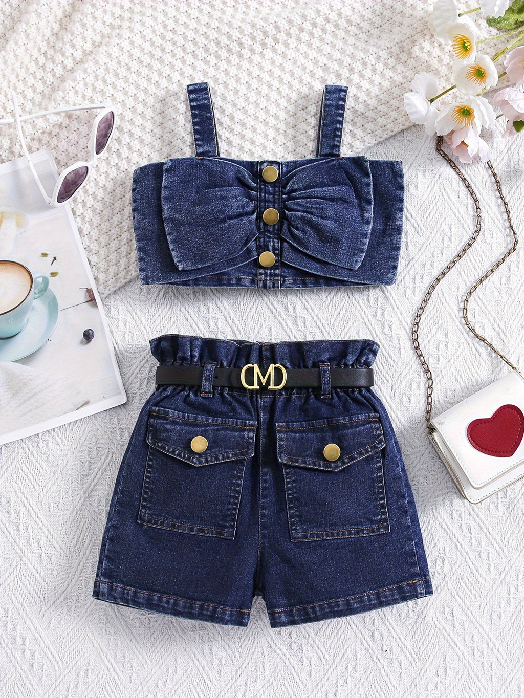 Girls' Denim Set with Bow Top and Ruffle-Waist Jeans