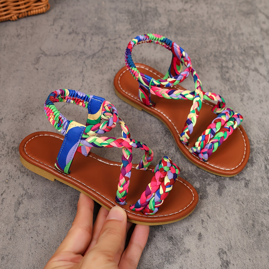 New Summer Girls' Sandals, Colorful Woven Soft-Sole Non-Slip Flat Roman Sandals, Classic and Fashionable, Suitable for School, Outdoors, Summer Beach Vacations, and Casual Wear