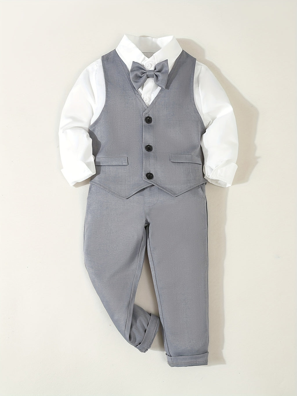 3pcs Boys' Formal Gentleman Suit Set, Long-Sleeve Shirt with Bow Tie + Vest + Elastic Waist Pants, Suitable for Speeches, Performances, Birthday Parties, Lightweight Children's Formal Wear for Spring and Autumn, Wedding & Special Occasion