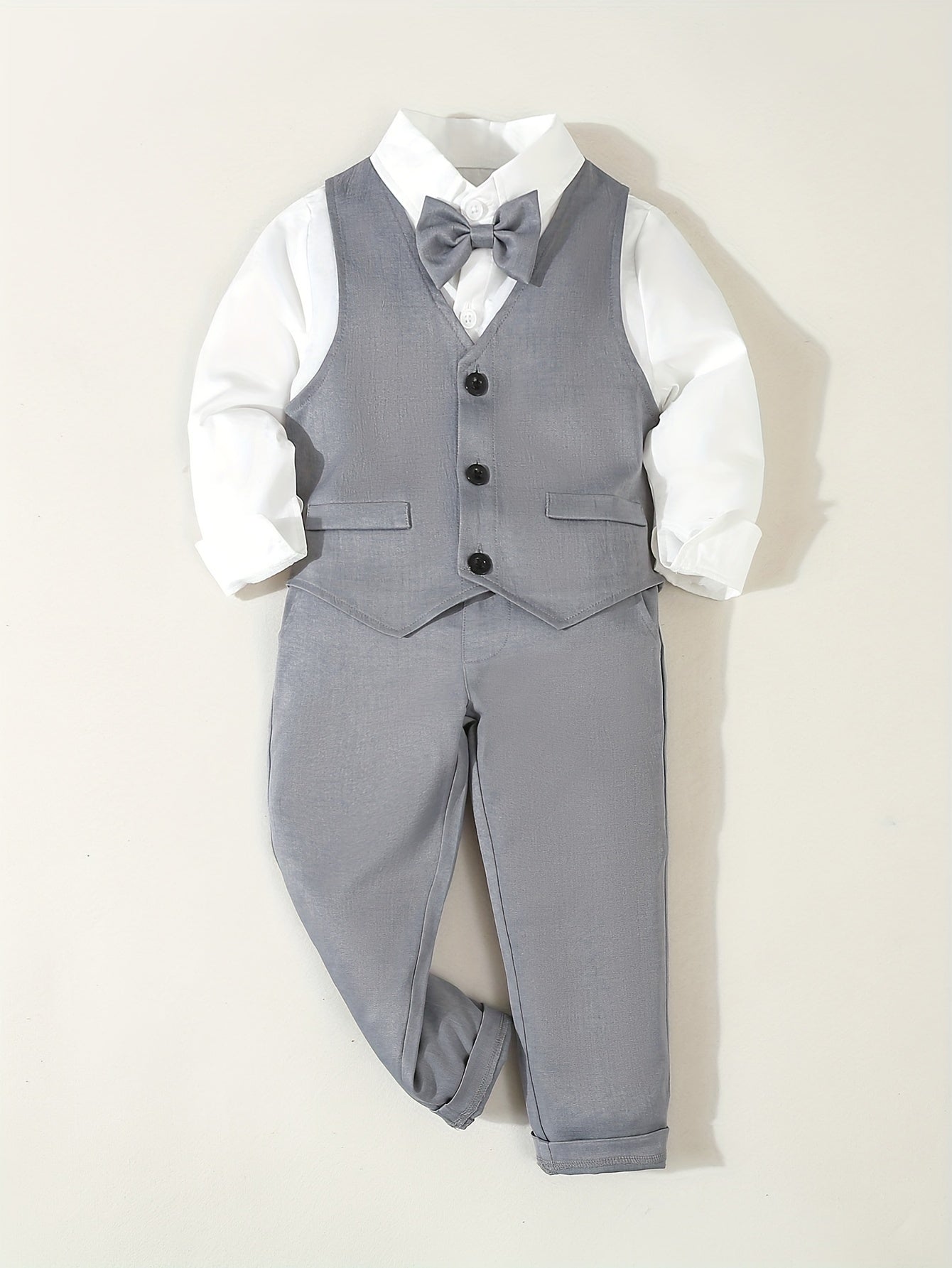 3pcs Boys' Formal Gentleman Suit Set, Long-Sleeve Shirt with Bow Tie + Vest + Elastic Waist Pants, Suitable for Speeches, Performances, Birthday Parties, Lightweight Children's Formal Wear for Spring and Autumn, Wedding & Special Occasion