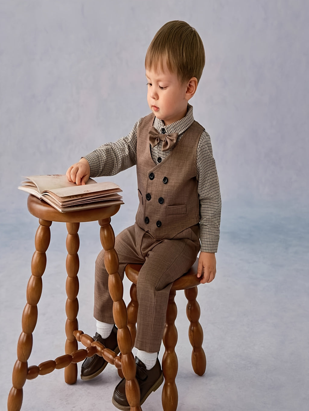 Infant & Toddler Gentleman's Formal Wear Set: Plaid Shirt, Double-Layer Vest, Pants, and Bow Tie - Elegant Suit for Baby's First Birthday Party, Christening, or Special Occasions