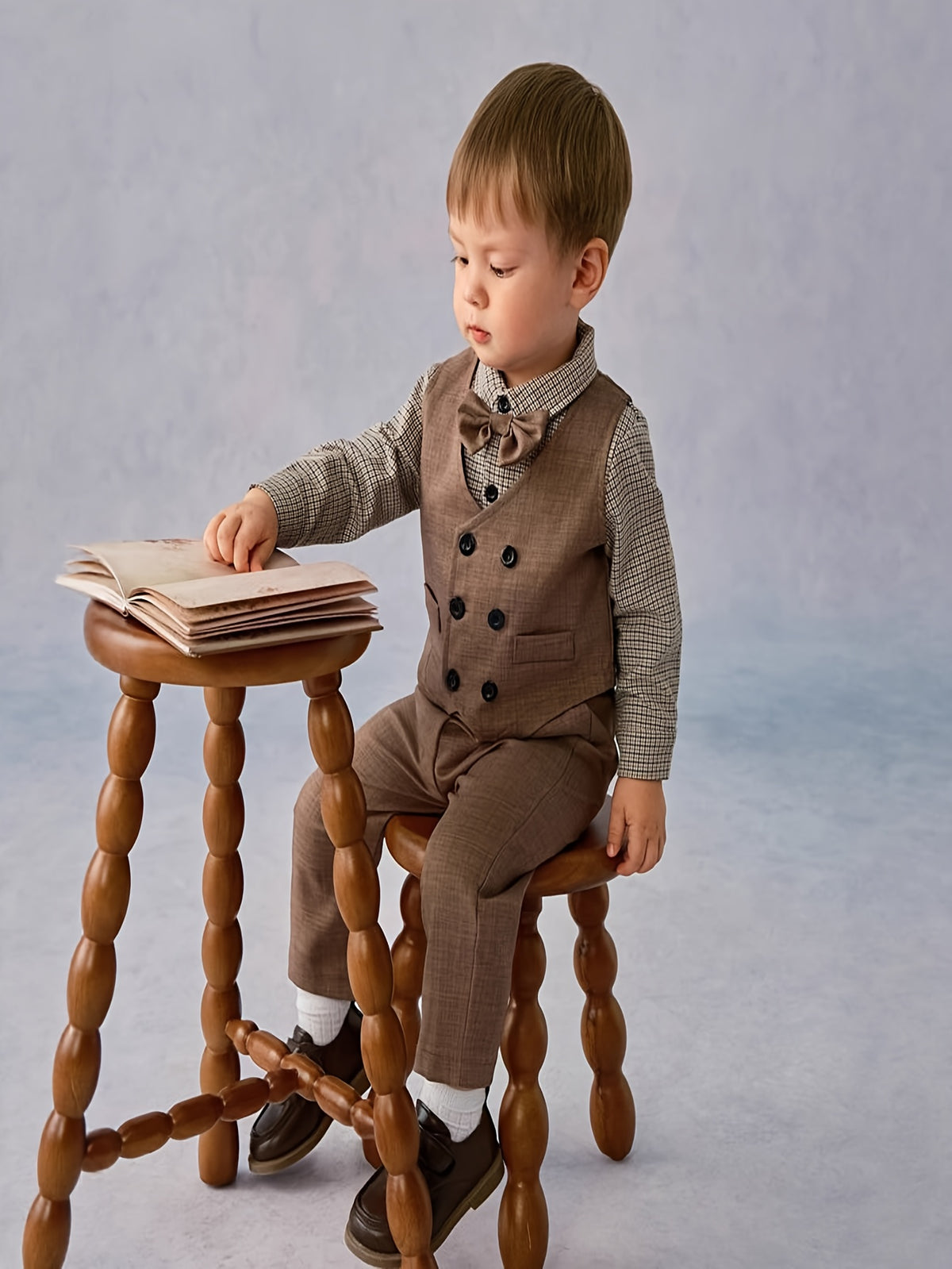 Infant & Toddler Gentleman's Formal Wear Set: Plaid Shirt, Double-Layer Vest, Pants, and Bow Tie - Elegant Suit for Baby's First Birthday Party, Christening, or Special Occasions