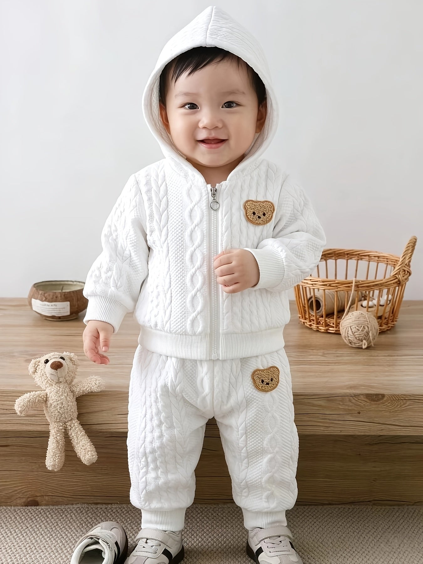 2pcs Set for Boys and Girls, Toddlers, Infants - Autumn/Winter Jacquard Textured Fabric Cartoon Bear Zip-Up Hoodie Top + Long Pants Set, Essential for Home and Outings, Great Gift Choice, Perfect for Outdoor