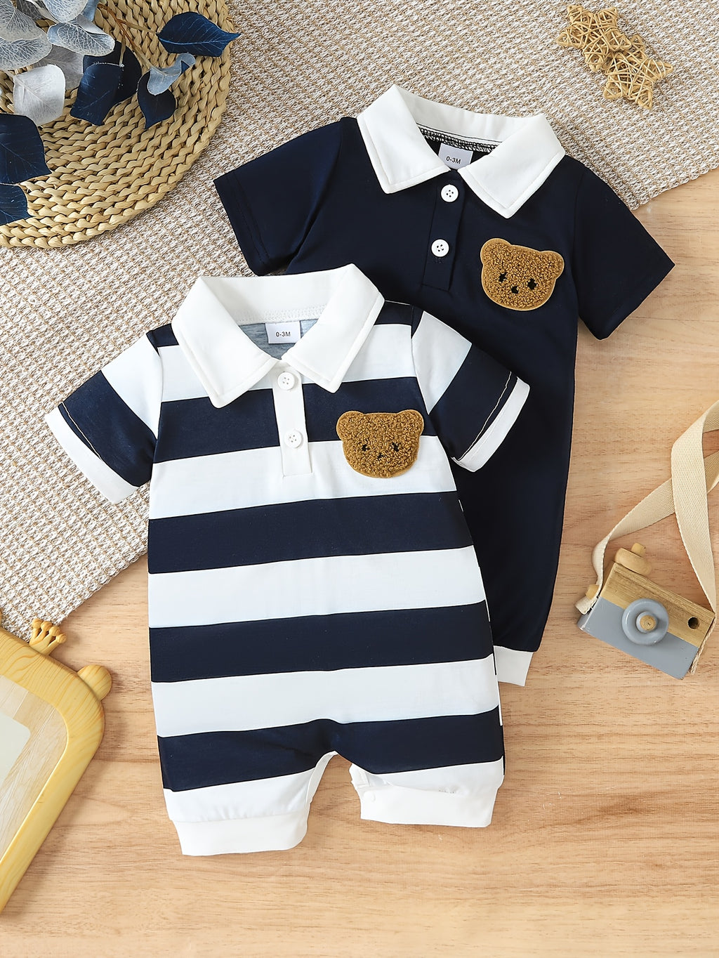 Boys' Casual 2pcs Set: Striped Open-Collar Short-Sleeve Top + Solid Color Open-Collar Romper with Small Bear Embroidery, Perfect for Outdoor