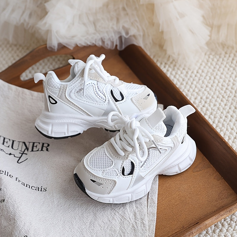 1 Pair Boys & Girls Sneakers Compatible for & - Low-Top Lace-Up/ Closure, Breathable Netted Shoe with Cushioned TPR Sole, All- Casual Shoes with Letter/Number/Stripes Print ( Learning to Walk)
