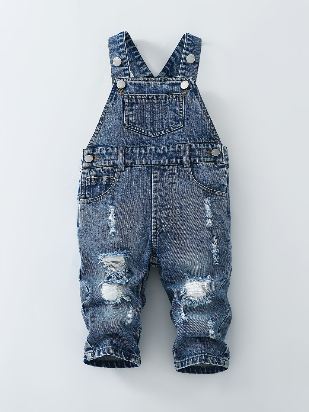 Baby And Toddler Overalls, Denim Acid Wash Distressed Style, Casual Loose All-Match Light Blue Denim Overalls, Suitable for All Seasons, Machine Washable, for Outdoor