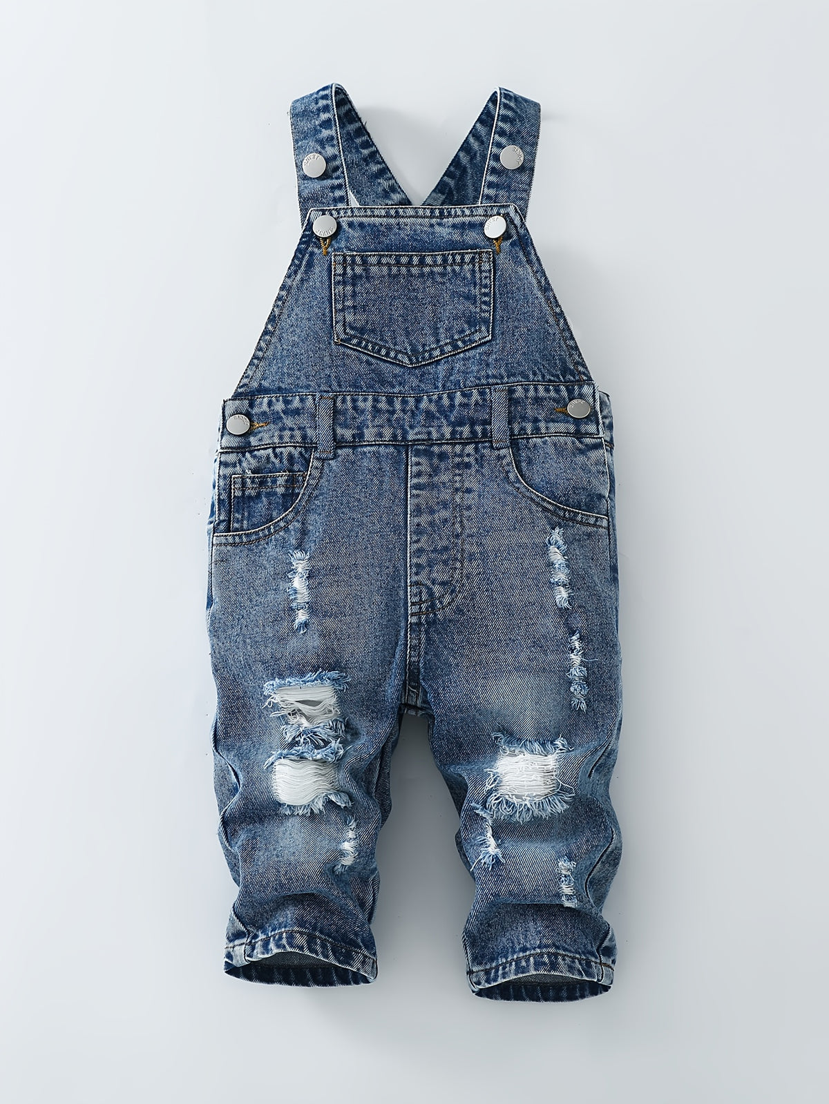 Baby And Toddler Overalls, Denim Acid Wash Distressed Style, Casual Loose All-Match Light Blue Denim Overalls, Suitable for All Seasons, Machine Washable, for Outdoor