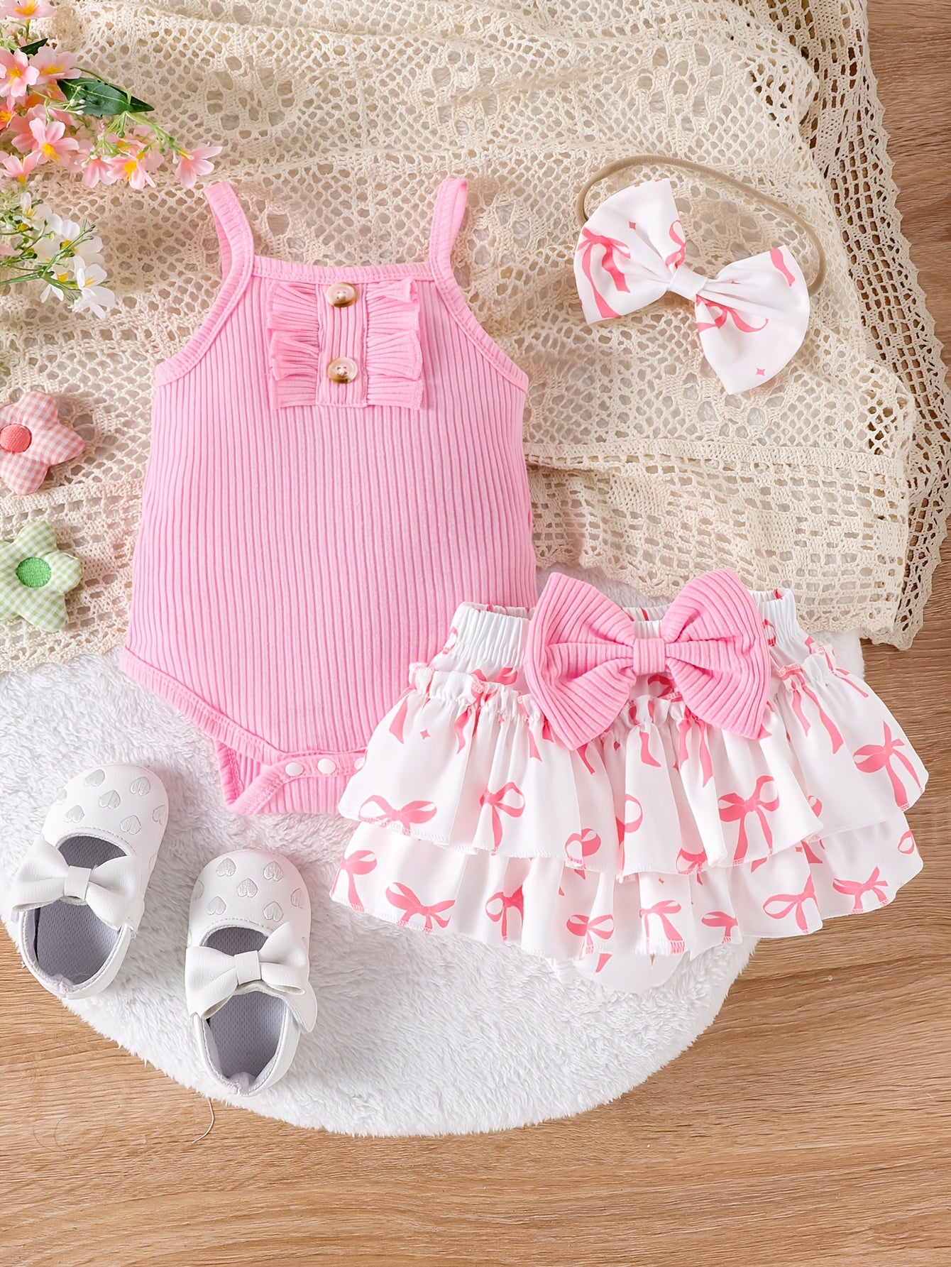 Summer New Children'S Baby Sweet Cute Suspender Triangle Bodysuit Bow Short Skirt