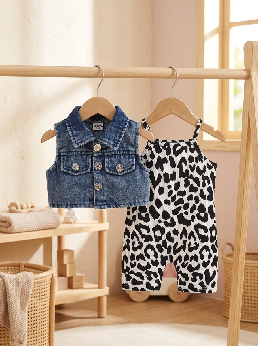 Baby Denim Vest and Leopard Print Jumpsuit Set