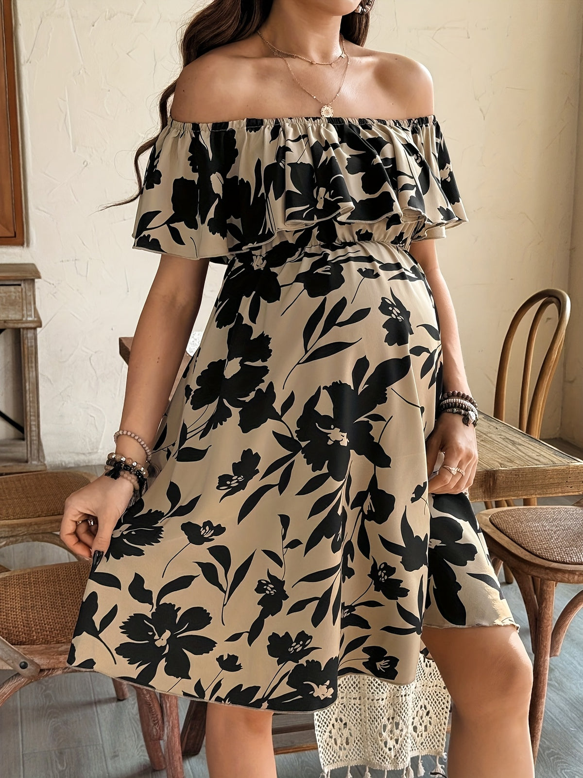 Women'S Floral Print Off-Shoulder Dress