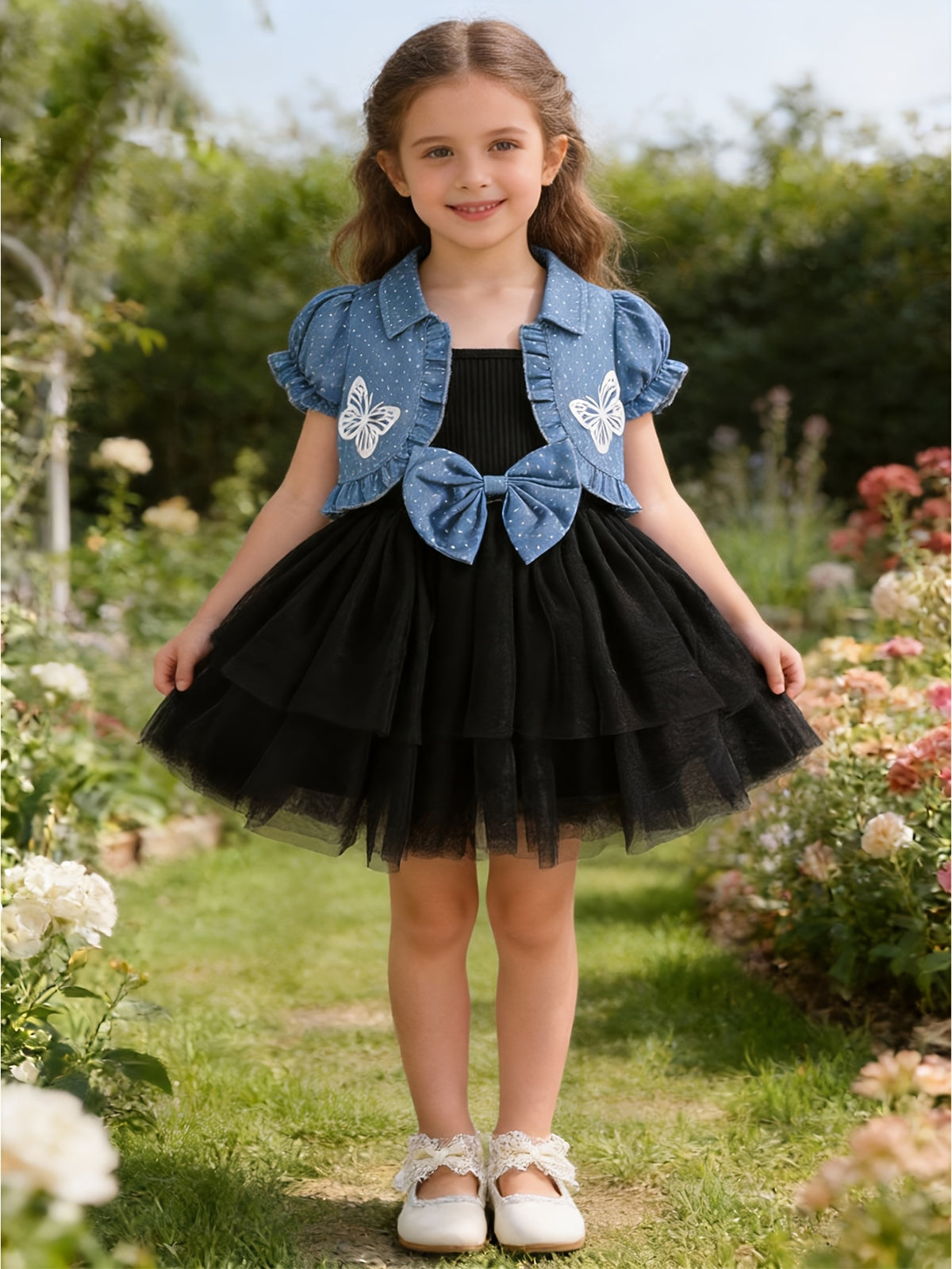 Girls' Camisole Dress Set with Bow and Butterfly Print