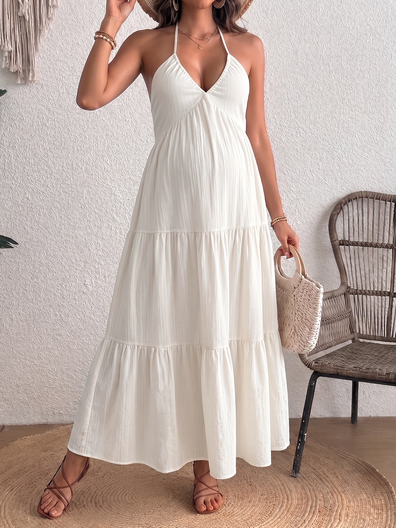 White Maternity Halter Maxi Dress, Backless Tiered Ruffle Long Dress with Bow Detail, Smooth -Feel Pregnancy Dress for Beach Vacation Shower Photoshoot, Summer Maternity Party Dress