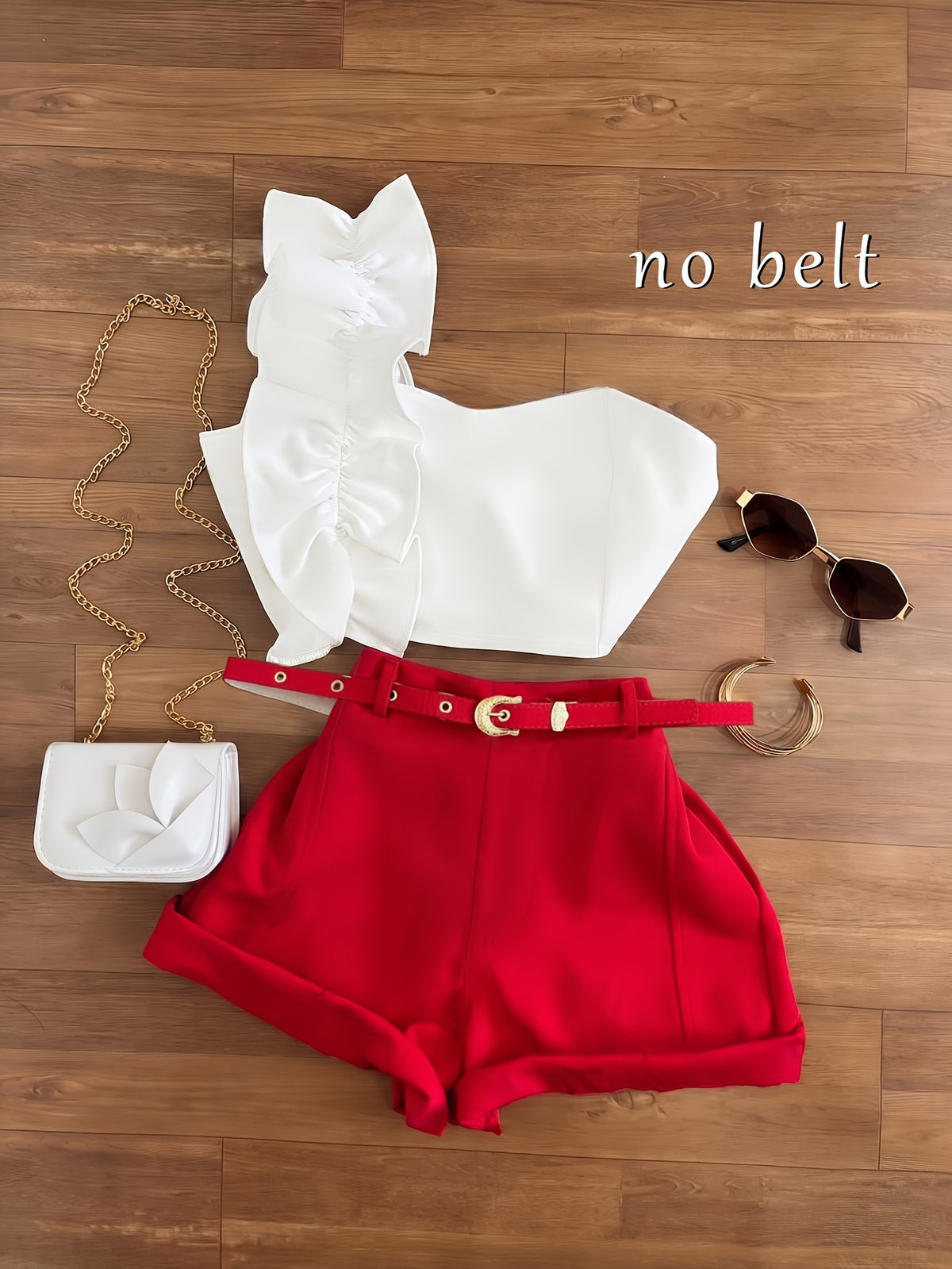 Cherry 2pcs Set Summer Women'S New Off-The-Shoulder Ruffle Slim Short Tube Top with Fashionable And Versatile High-Waisted Wide-Leg Shorts (Excluding Belt)