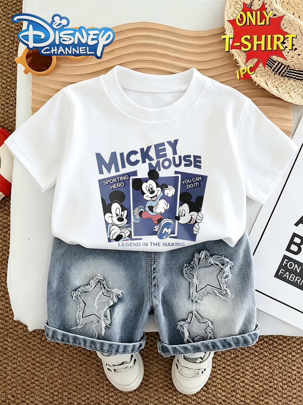 Official Disney 2026 New Mickey Mouse Print White T-Shirt, 1pc, Soft and Comfortable, Suitable for Daily Home Wear, School, Outings, Beach, Outdoor Sports, and Party Events, Versatile and Comfortable Casual Wear for Kids