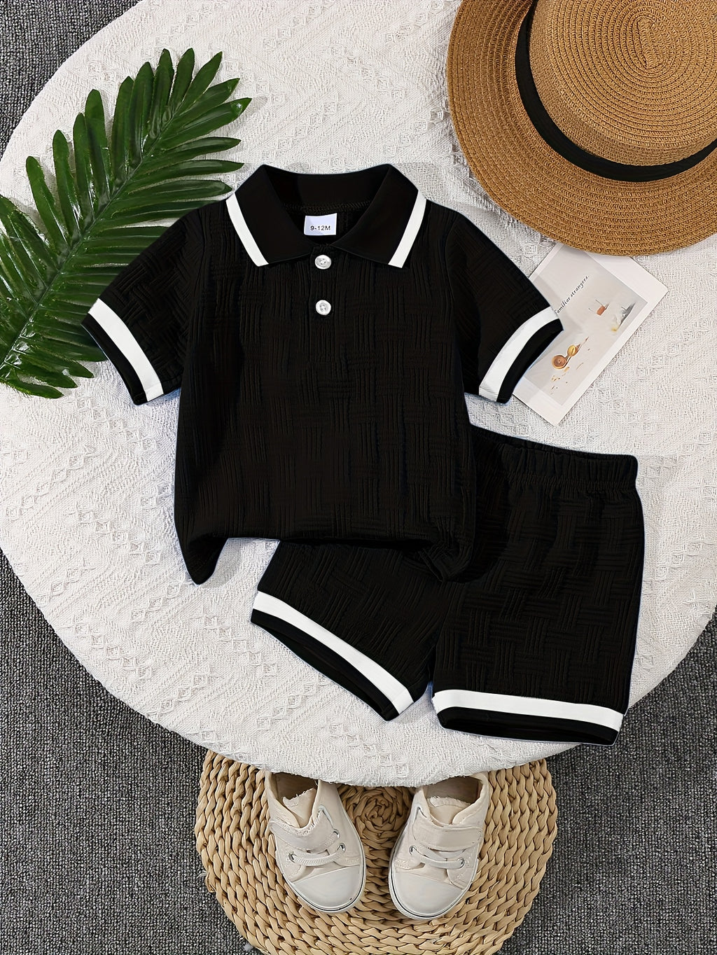 Summer New Baby Boy Jacquard Fabric POLO Collar Top And Casual Shorts Two-Piece Set, for Outdoor