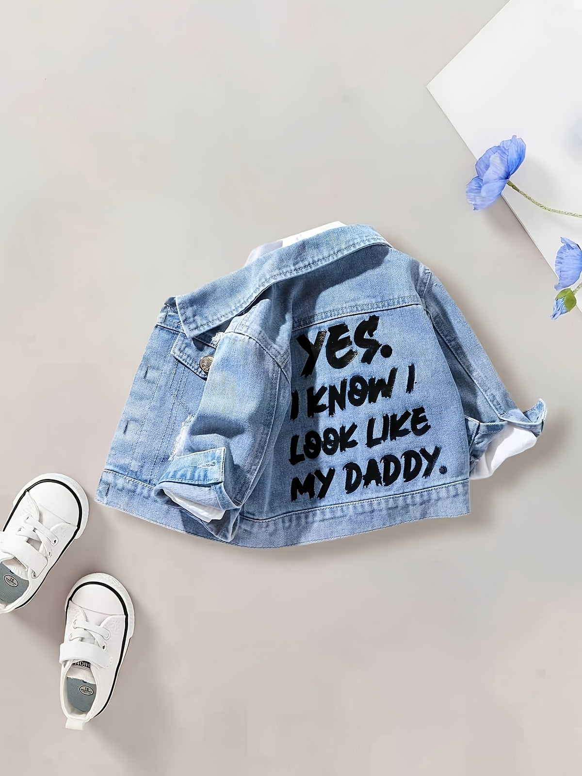 Baby Boy Autumn And Winter Casual Long-Sleeved Light Faux Denim Jacket with English Letters on The Back, for Outdoor Activities, 1pc