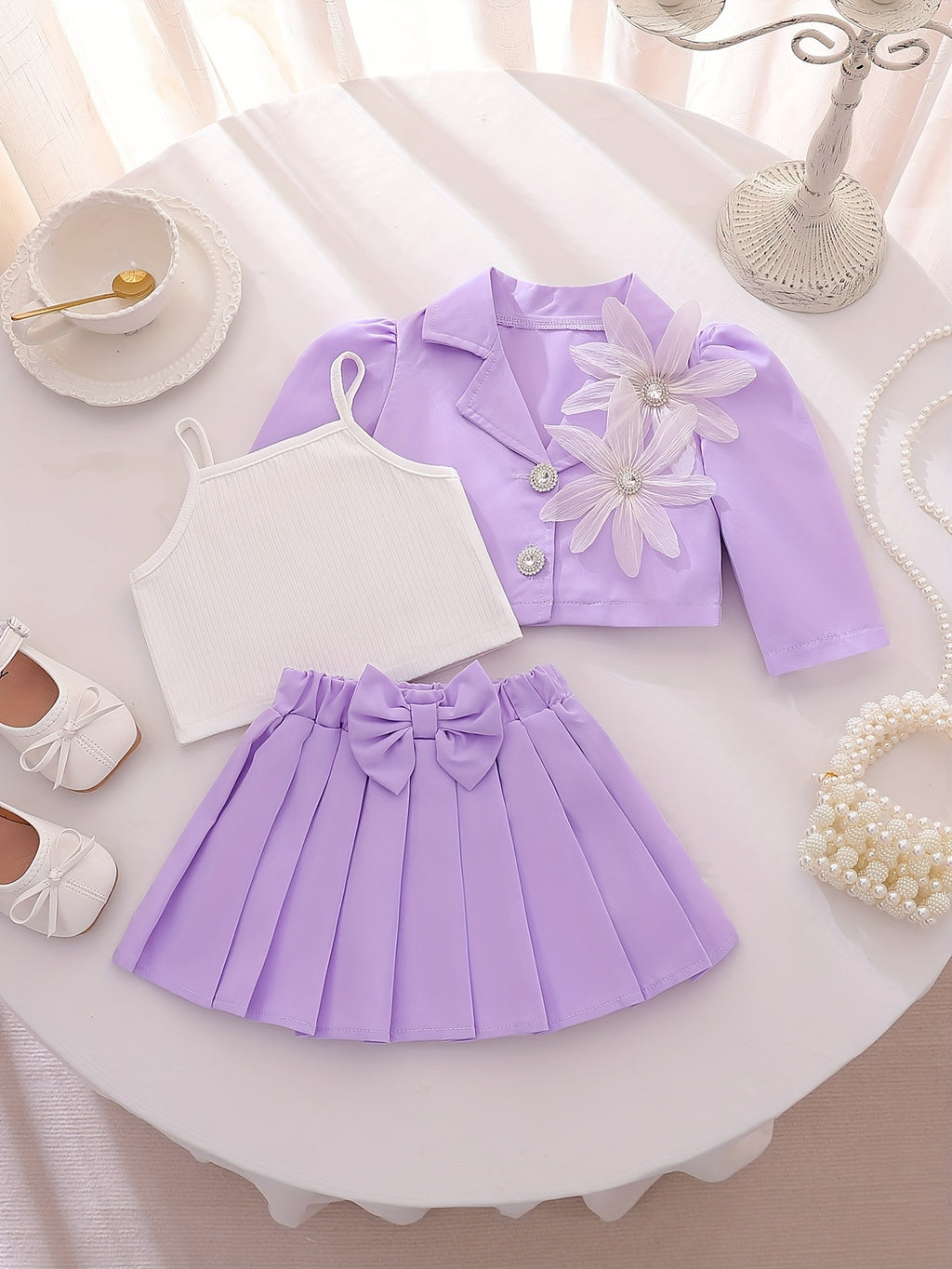 Girls' Spring/Autumn Purple Jacket, Skirt, and White Camisole 3pcs Set