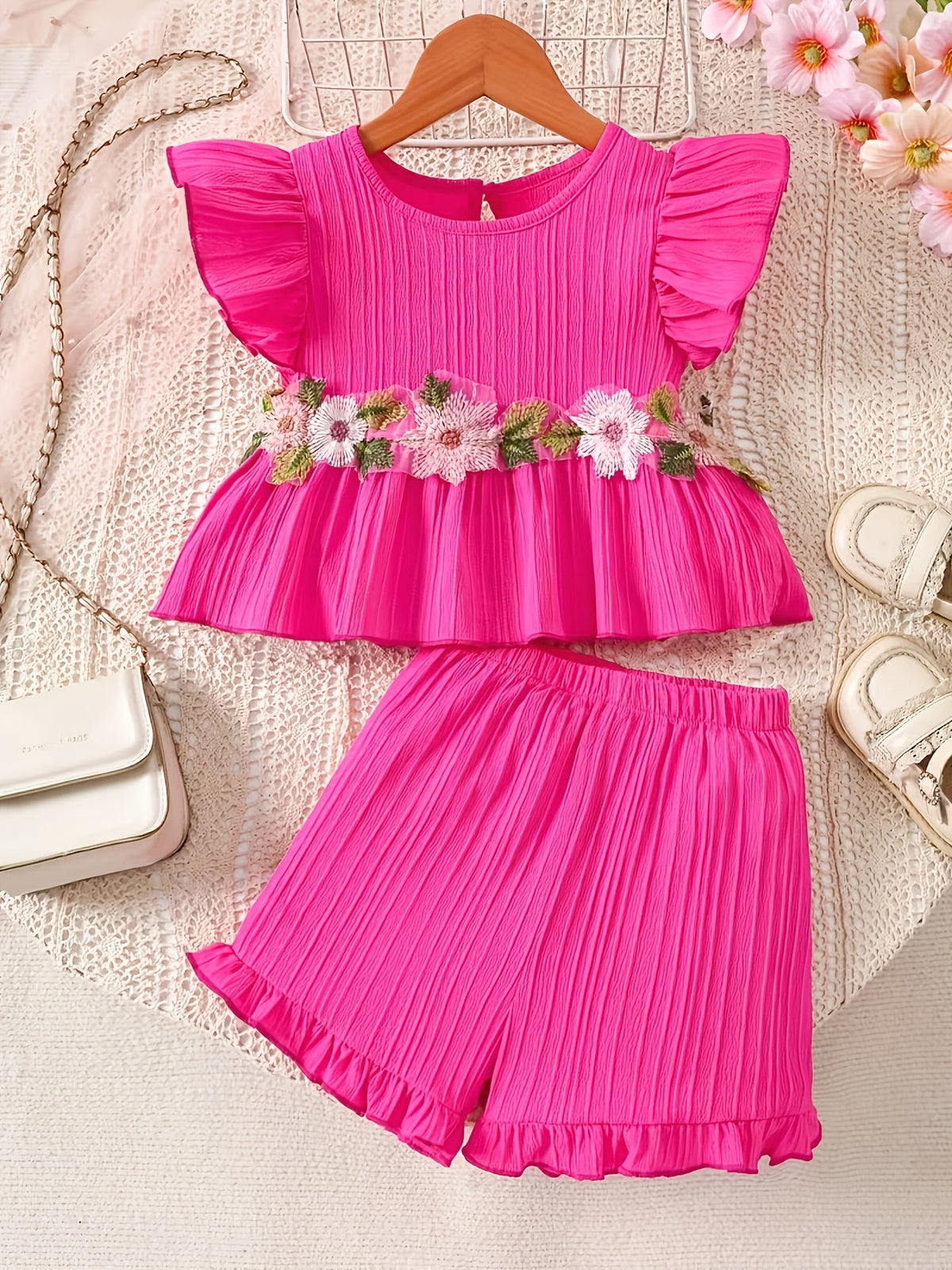 Girls' Summer Shorts Set with Embroidered Lace Trim