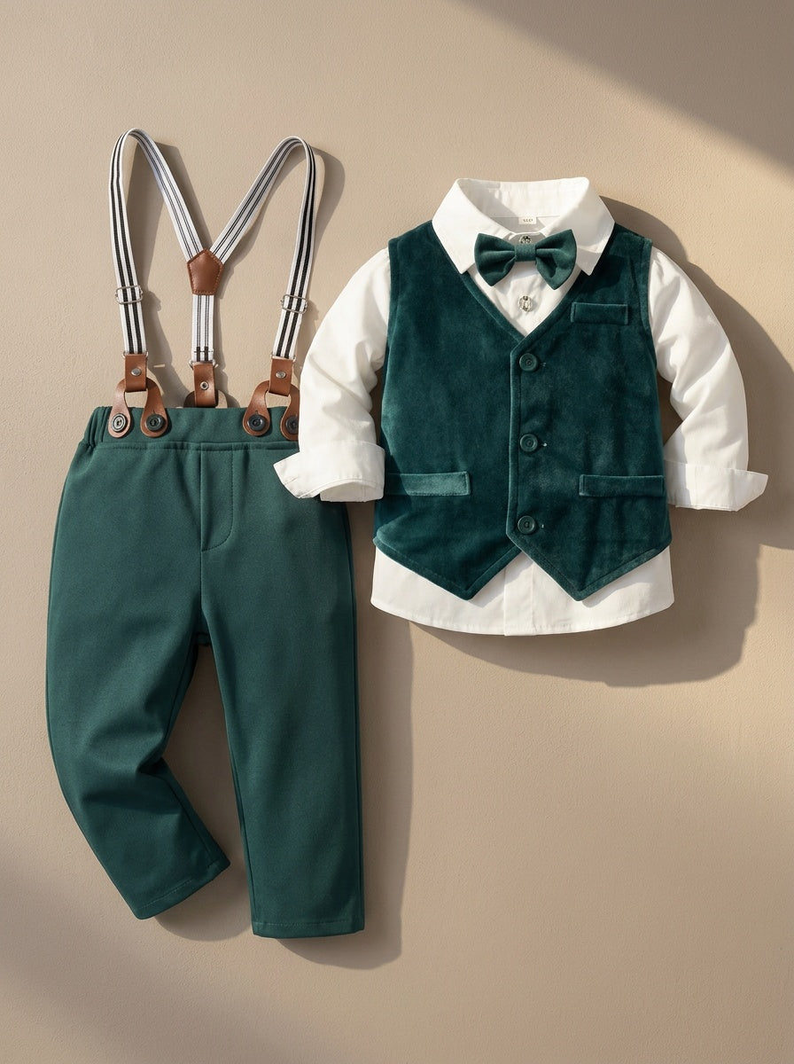 Boarnseorl Boys' Gentleman 3pcs Set: Long-Sleeve Shirt with Bow Tie, Dark Green Vest, and Trousers, Suitable for Birthday Parties, Weddings, Banquets, and Performances