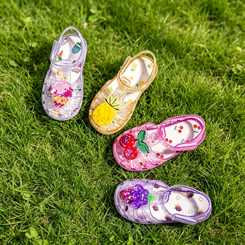 Summer New Fruit-Themed Design Beach Sandals Roman Hollow Princess Shoes, Themed Color (White | Pink | Purple | Yellow) Multi-Choice, Adjustable Fit for Young 'S Daily Indoor Outdoor Play Beach Shoes