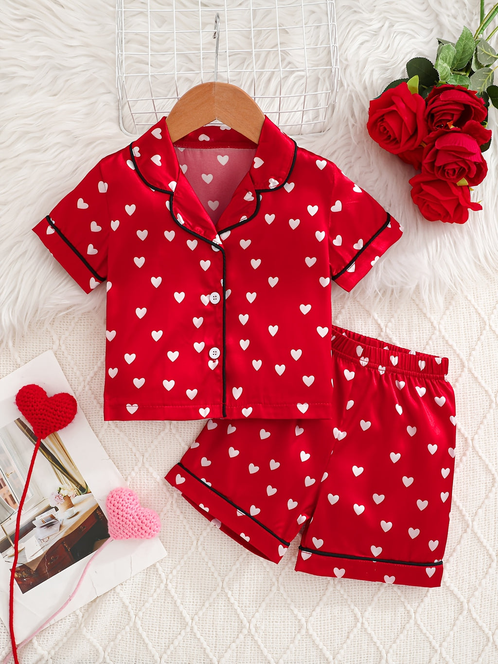 Baby Pajama Set With Red Heart Print and Flame-Resistant Fabric