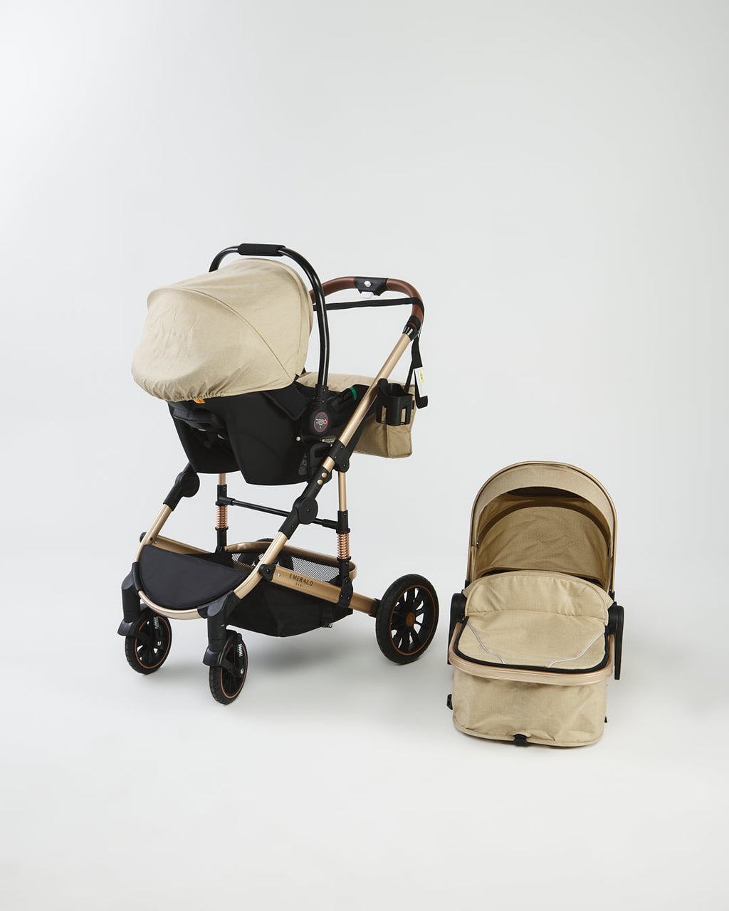 Emerald Baby Compact 3 in 1 Stroller Set with Car Seat & Nappy + Emerald Baby Yara Extra Length Camp Cot