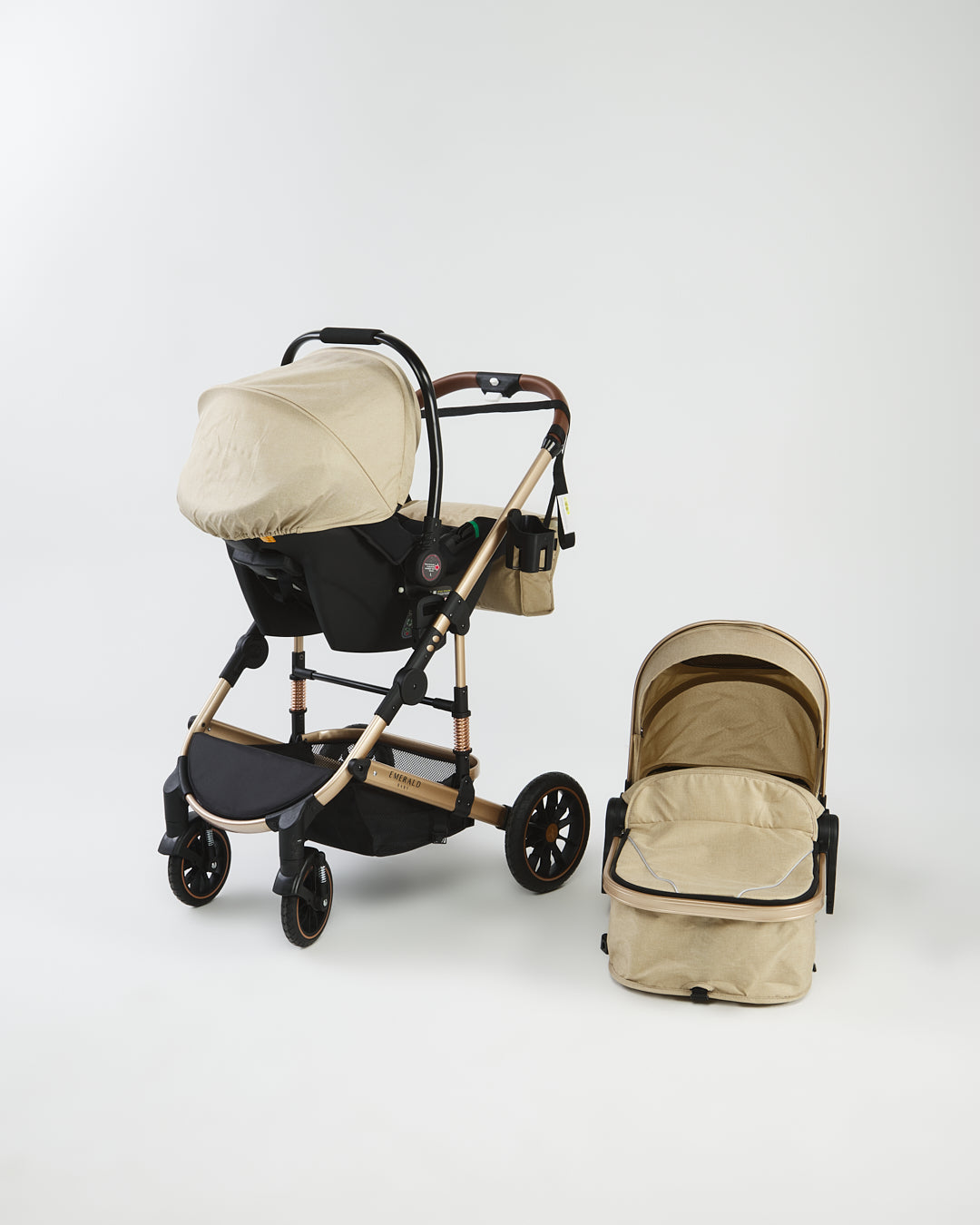 Emerald Baby Compact 3 in 1 Stroller Set with Car Seat & Nappy + Emerald Baby Yara Extra Length Camp Cot