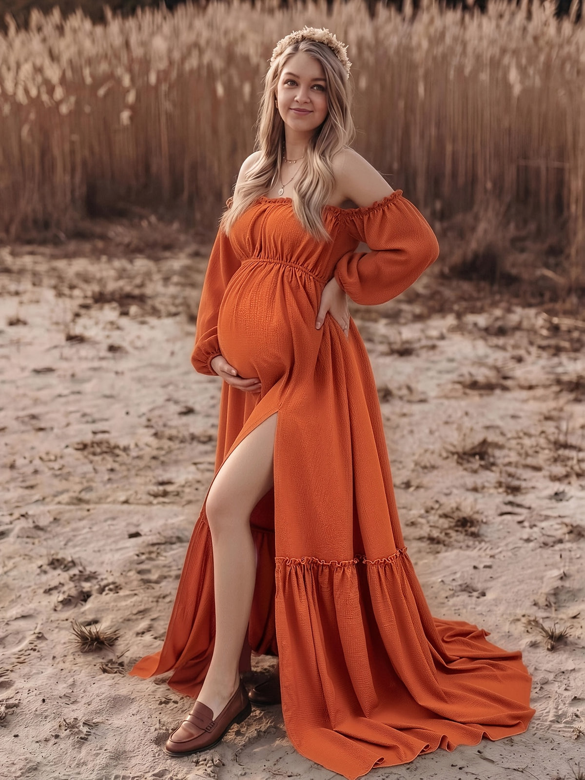 Orange-Red Slightly Stretchy Maternity Dress, Off-Shoulder Long-Sleeve Split Floor-Gown for Maternity Photoshoots, Bohemian Style Pregnancy Photography And Vacation Dress, Loose Comfy Formal Dress for Expectant Mothers to Wear Outdoors for Photos