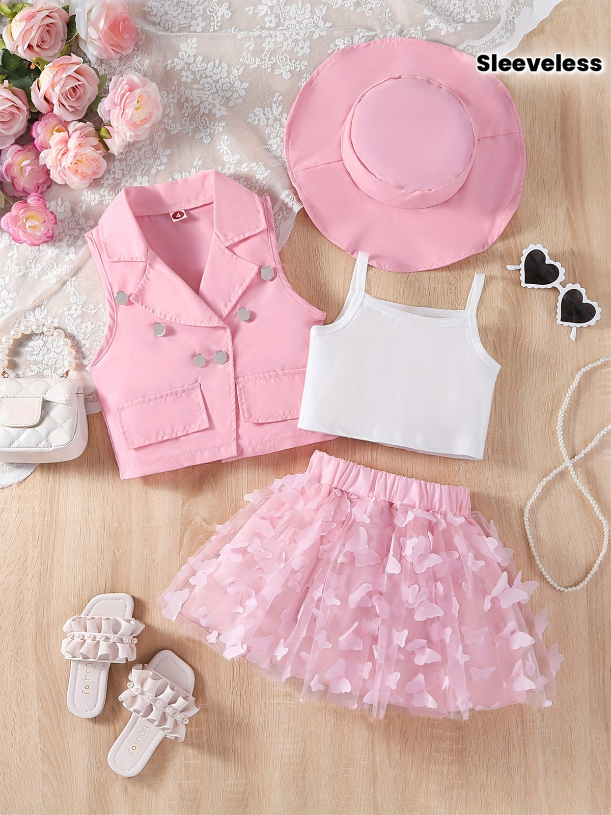 Girls Summer 4-Piece Set With Butterfly Mesh Skirt