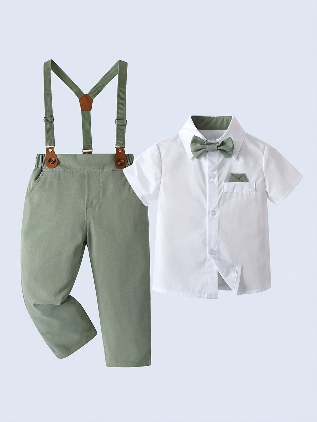 Boarnseorl Boys' Gentleman Set Two-Piece White Short Sleeve Shirt with Bow Tie and Green Long Pants Overalls Fashion Romantic Formal Wear for Performances, Parties, and Outdoor Activities