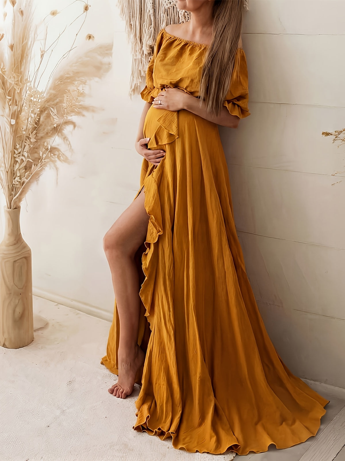 Turmeric Yellow Off Shoulder Puff Short Crop Top with Cutout Waist + Ruffle Slit Floor Length Maternity Maxi Skirt 2pcs Set, Soft Matching Outfit for Indoor Maternity Shoot, Outdoor Lawn Travel Photography & Birthday Party