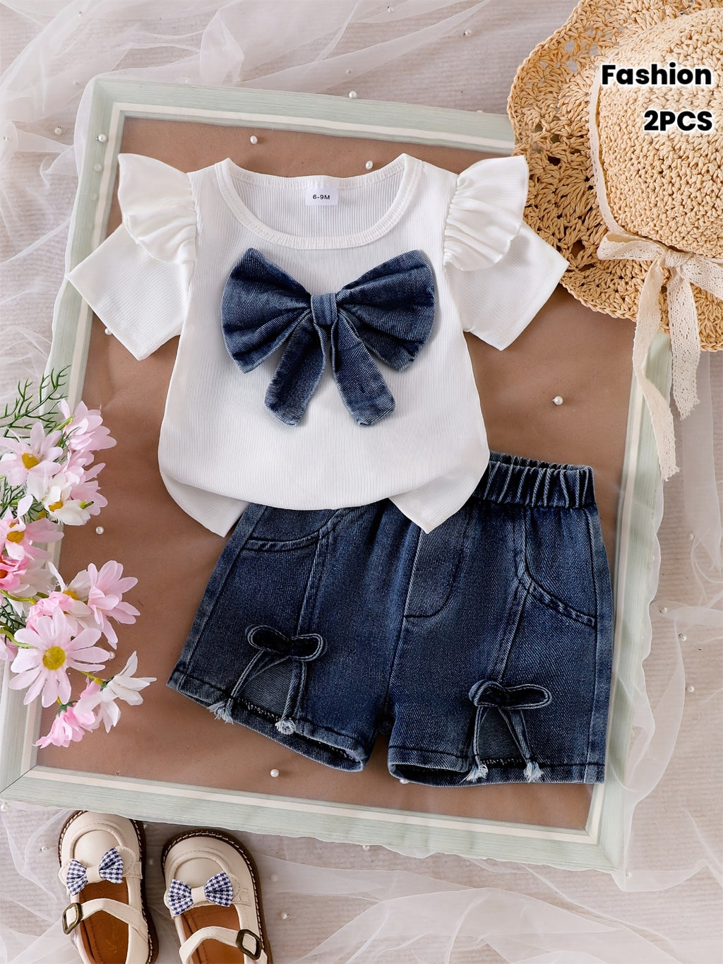 Baby Girl Summer Outfit with 3D Bow and Denim Shorts