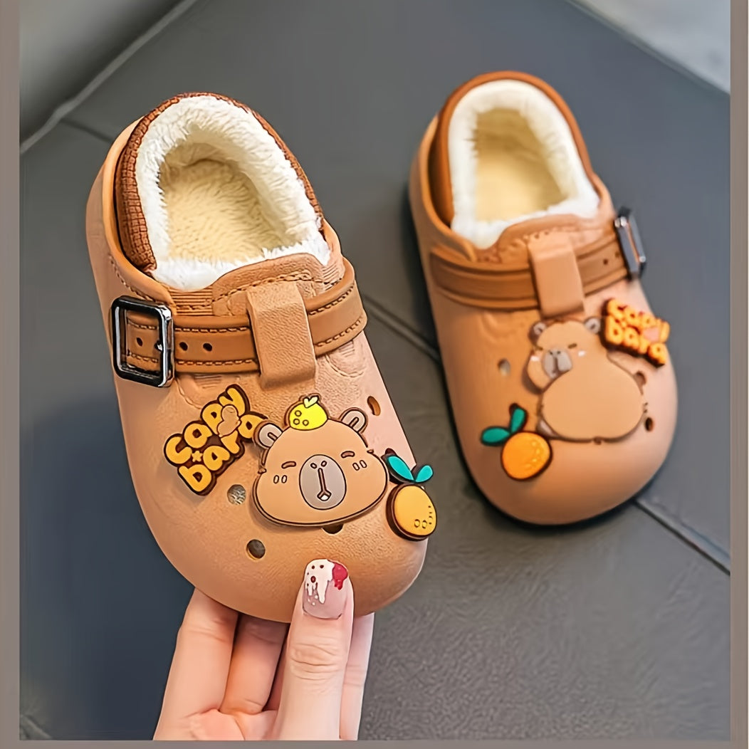 1 Pair of Double-card Capybara Children's Cute Cartoon Fashion -lined Warm Non-slip Slippers, Suitable for Indoor and Outdoor Use, Autumn and Winter Durable Round-toe, PVC Upper