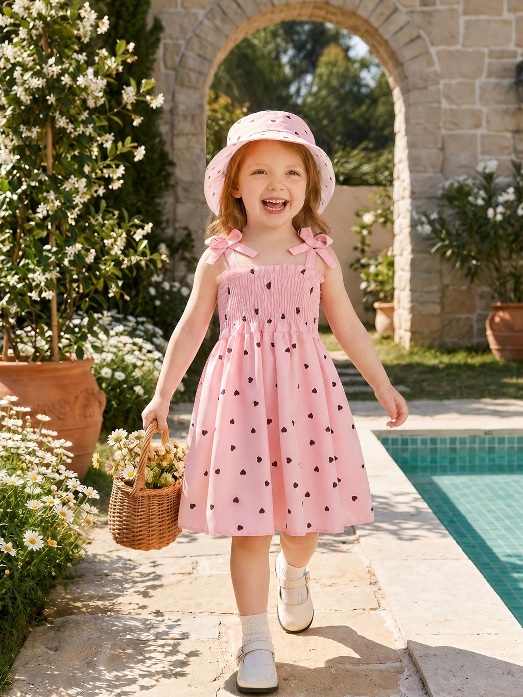 Girls' Heart Print Camisole Dress And Hat Set - 6pcs