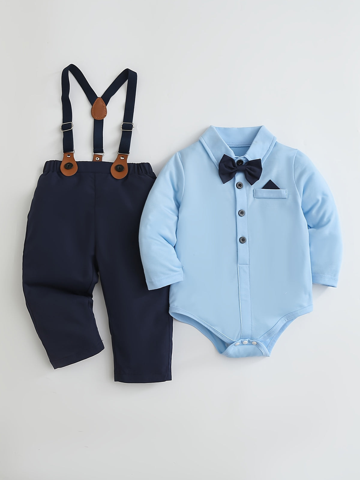 Two-piece set for boys: navy blue long-sleeved bodysuit with bow tie and adjustable overalls, suitable for summer, elegant occasions such as weddings, birthdays, and back-to-school events,fall and winter clothes