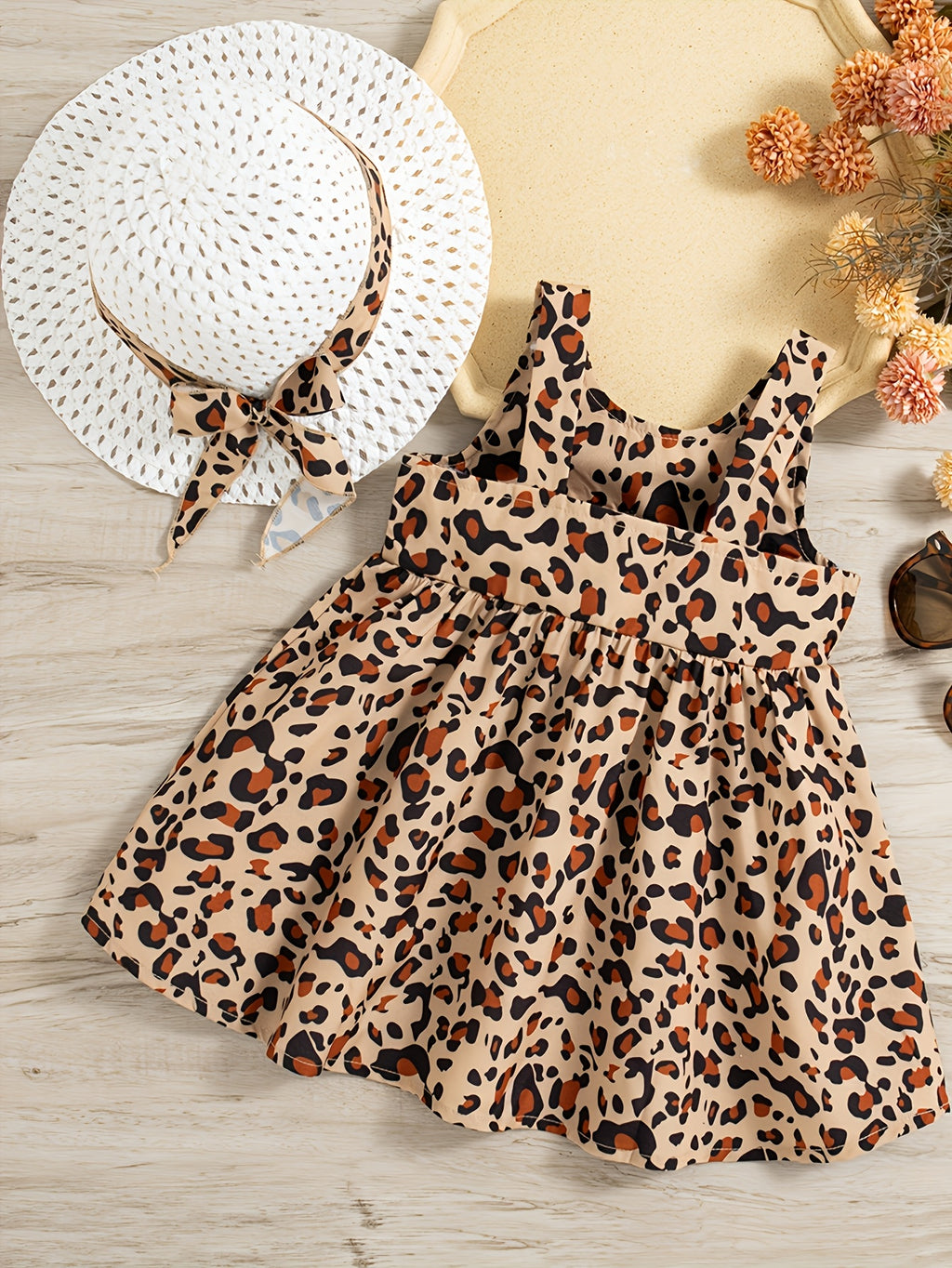 New Summer Sweet and Cute Leopard Print Bow Sleeveless Dress with Hat for 0-2 Year Old Girls, Comfortable Baby Dress for Daily Outings, Beach, and Vacations, Children's Clothing, Newborn/Toddler Necessities