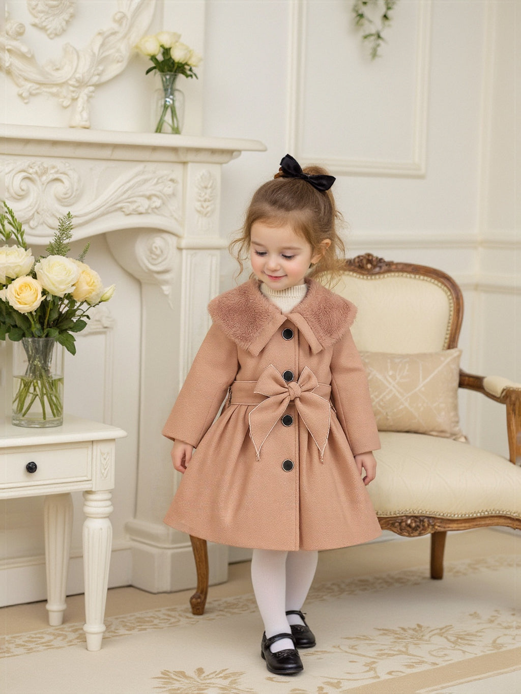 Girls' Light Brown Plush Collar Jacket for Autumn/Winter
