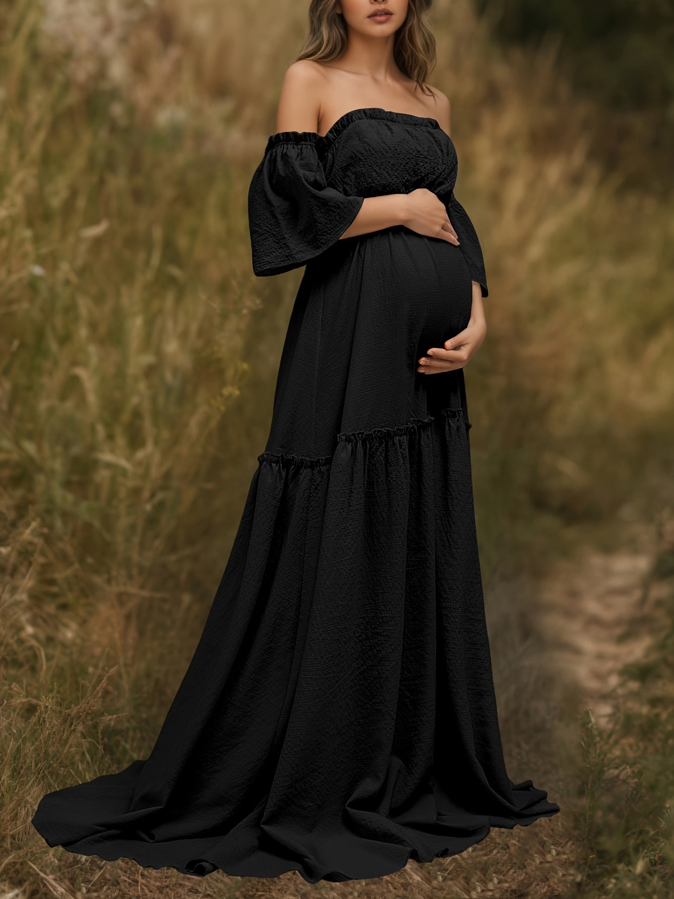 Matte Black Ruffled Tiered Maxi Off-The-Shoulder Maternity Dress, Elastic Waist That Won'T Constrict Bump, Wilderness-Style Healing Gown for Outdoor Shoots