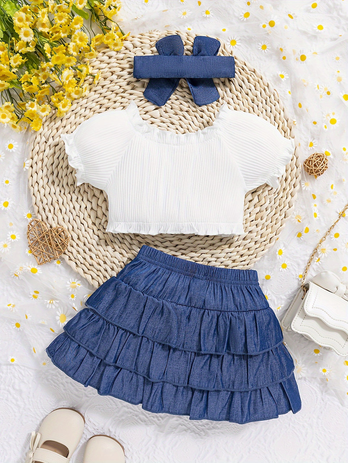Skirt Set for Baby Girls With Imitation Denim Print